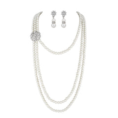 Women's 20s Multilayer Faux Pearls Flapper Long Necklace Earrings Set 