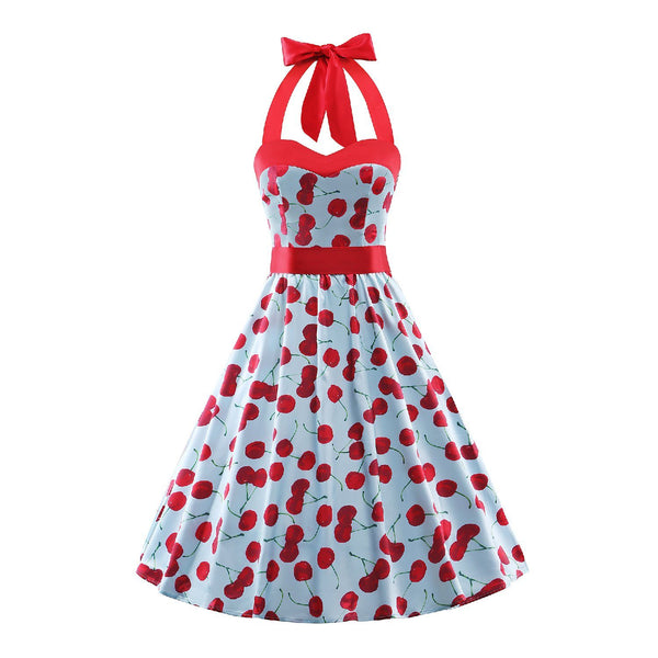 Polka Dots Halter Neck Dress Audrey Hepburn Floral Vintage Swing Dresses 50s