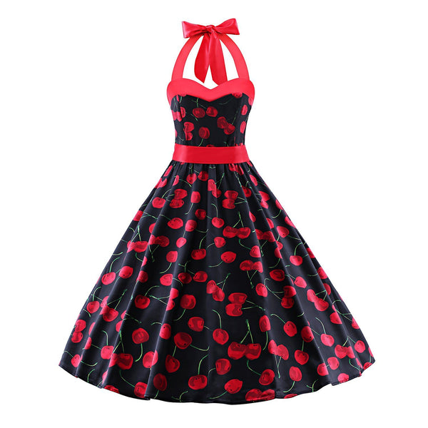 Cherry Red Neckline Halter neck 50s Inspired Vintage Floral Rockabilly Swing Pinup Dresses