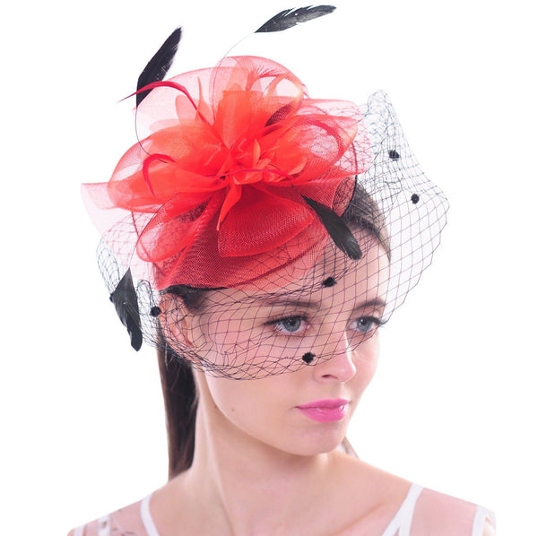 Feather Flower Fascinator Polka Dot Net Pillbox Cocktail Hat Hair Clip