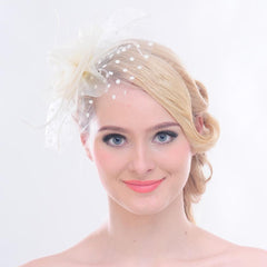 Big Flower Mesh Bow Feather Women Fascinator Dot Veil Hair Clip Wedding