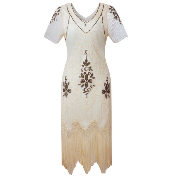 Ivory Gold Roaring Twenties Great Gatsby Flapper Dress Charleston 1920's Themed Birthday Party