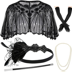 Black 1920s Shawl Wraps with Gatsby Accessories Set of 5