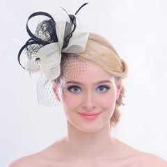 Wedding Bridal Looped Ribbon Net veil Feather Hair Clip Fascinator Kentucky Derby Cocktail Hat