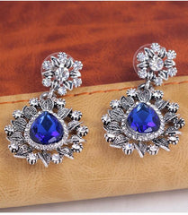Sterling Silver Snowflake Flower Blue Crystal  Dangle Women Earring