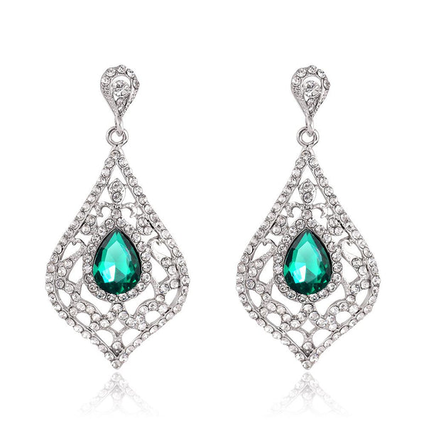 Women's Hollow Out Vintage Green Crystal Wedding Dangle Drop Earrings