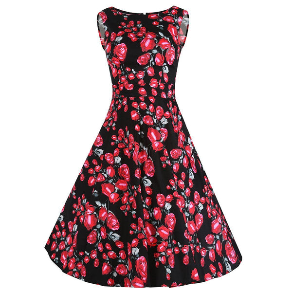 1950s Style Floral Rose Pattern Swing Circle Party Dress