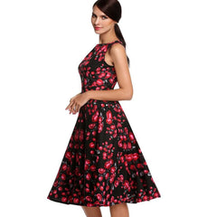 1950s Style Floral Rose Pattern Swing Circle Party Dress