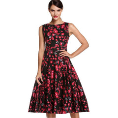 1950s Style Floral Rose Pattern Swing Circle Party Dress