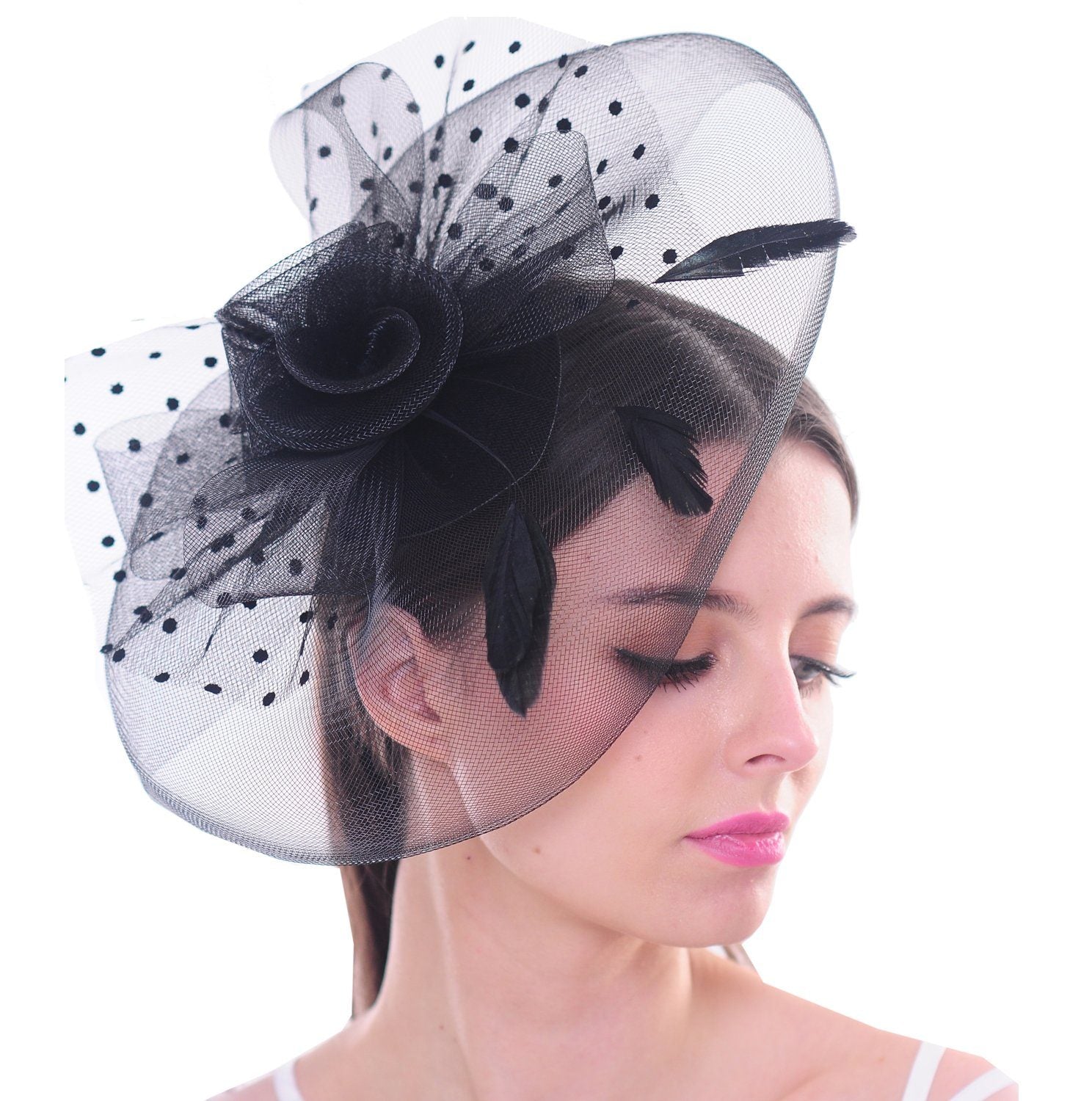 Top Hat Feather Fascinator Polka Dot Mesh Net Hair Clip