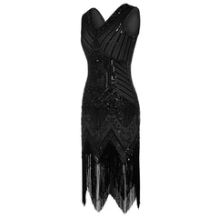 Black Vintage Gatsby Dress Beaded Fringed 1920s Evening Party