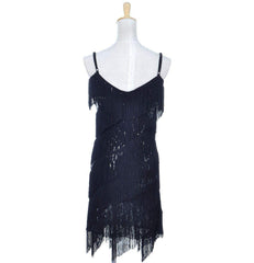 Fringe Sequin Strap Backless 1920s Flapper Mini Dress Black