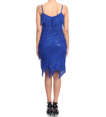 Fringe Sequin Strap Backless 1920s Flapper Mini Dress Blue