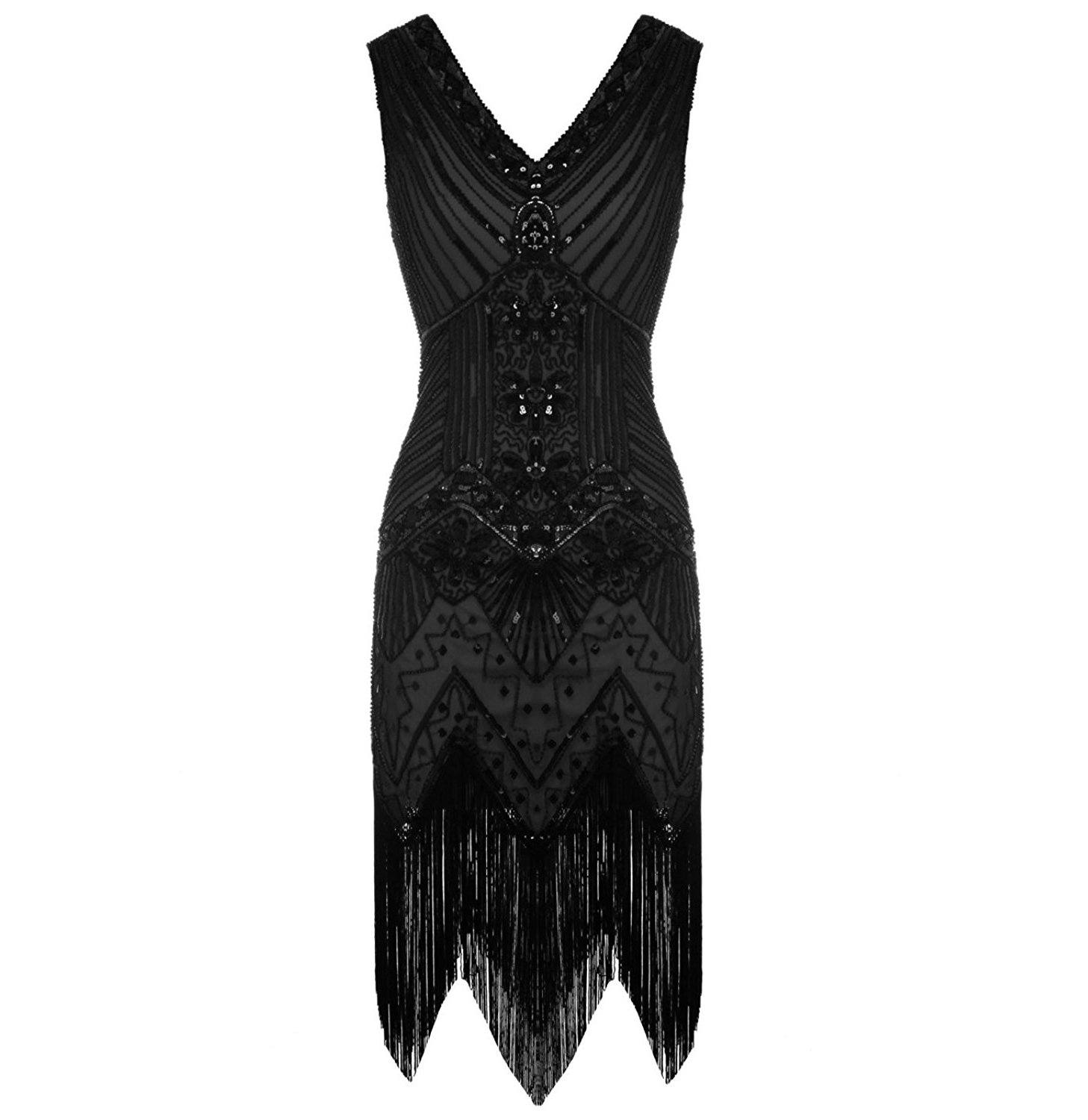 Black Vintage Gatsby Dress Beaded Fringed 1920s Evening Party