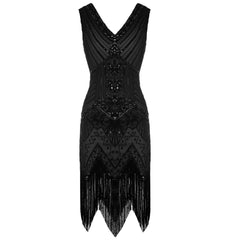 Black Vintage Gatsby Dress Beaded Fringed 1920s Evening Party