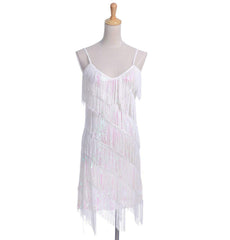 Fringe Sequin Strap Backless 1920s Flapper Mini Dress White