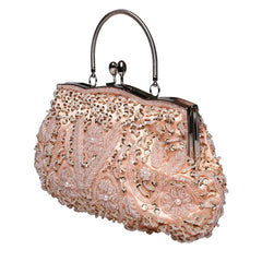Beaded Sequin Design Metal Frame Kissing Lock Evening Clutch Handbag