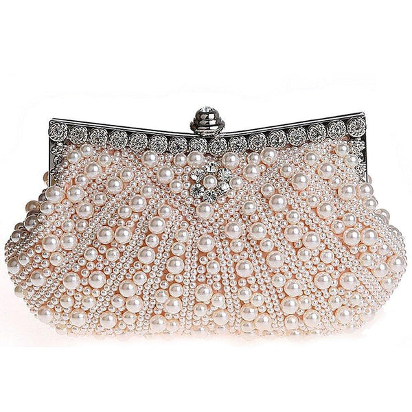 Womens Faux Pearl Cascading Bead Rhinestone Evening Clutch Fashion Purse