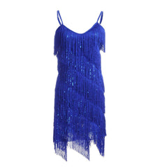 Fringe Sequin Strap Backless 1920s Flapper Mini Dress Blue