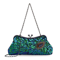 Women's Vintage Beaded Sequin Peacock Purse Evening Bags 