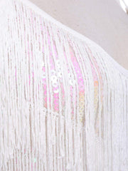 Fringe Sequin Strap Backless 1920s Flapper Mini Dress White