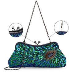 Women's Vintage Beaded Sequin Peacock Purse Evening Bags 
