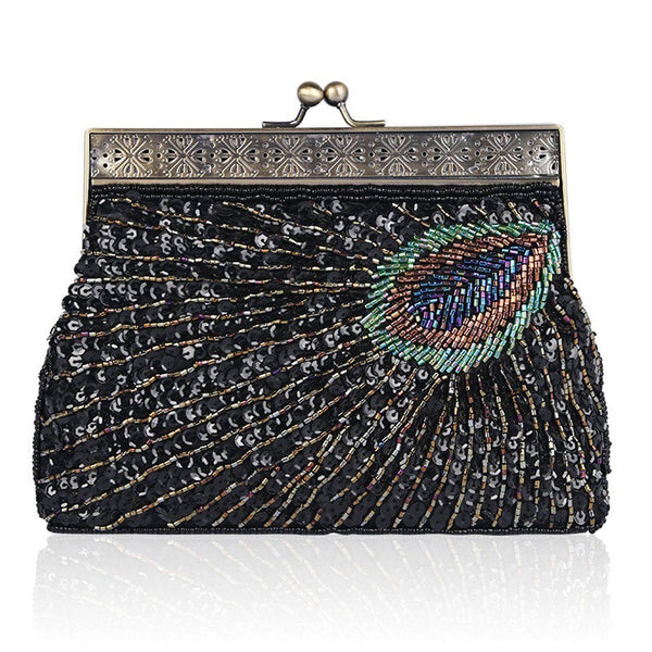 Peacock Tail Vintage Clutch Bags for Women Sequins Beaded