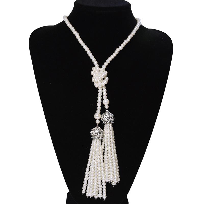 Women Fashion Faux Pearl Tassel Pendant Long Necklace