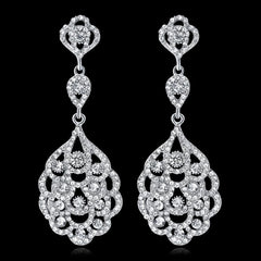 Women's Clear Vintage Style Wedding Floral Chandelier Dangle Earrings Silver Tone