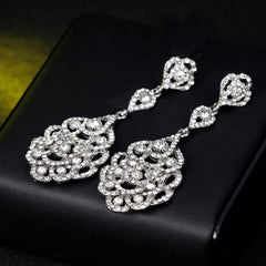 Women's Clear Vintage Style Wedding Floral Chandelier Dangle Earrings Silver Tone