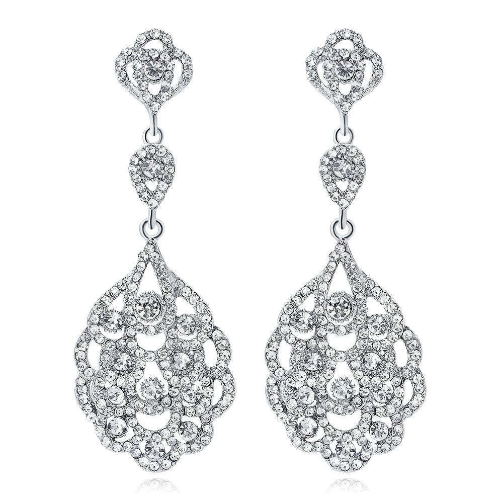 Women's Clear Vintage Style Wedding Floral Chandelier Dangle Earrings Silver Tone