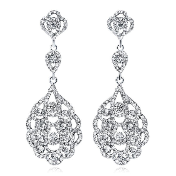 Women's Clear Vintage Style Wedding Floral Chandelier Dangle Earrings Silver Tone