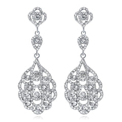Women's Clear Vintage Style Wedding Floral Chandelier Dangle Earrings Silver Tone