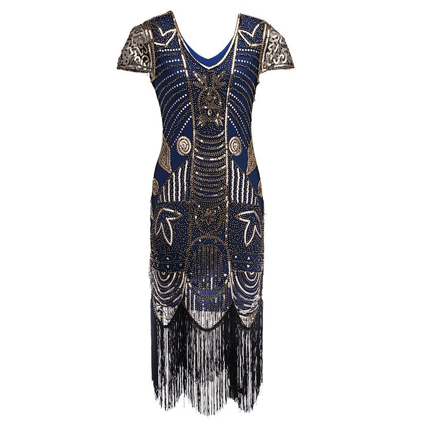 1920s Style Navy Gold Sequin Flapper Dress Great Gatsby