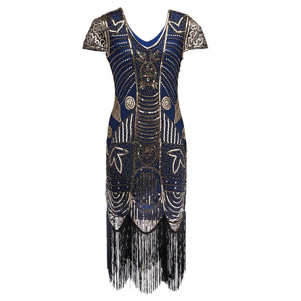1920s Style Navy Gold Sequin Flapper Dress Great Gatsby