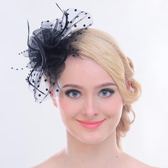 Big Flower Mesh Bow Feather Women Fascinator Dot Veil Hair Clip Wedding