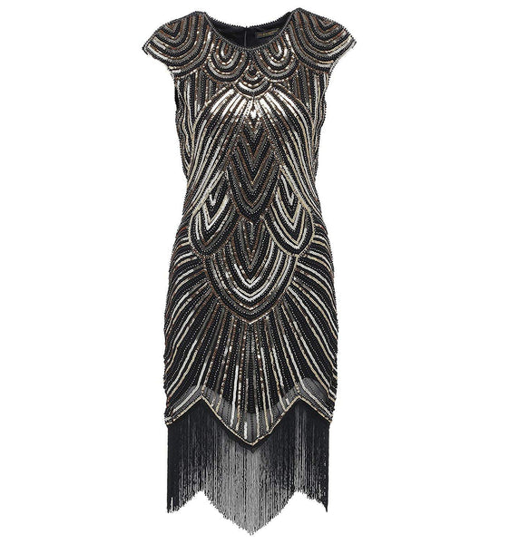 1920s Style Beaded Fringe Great Gatsby Dresses Flapper Party Black Gold|JaosWish