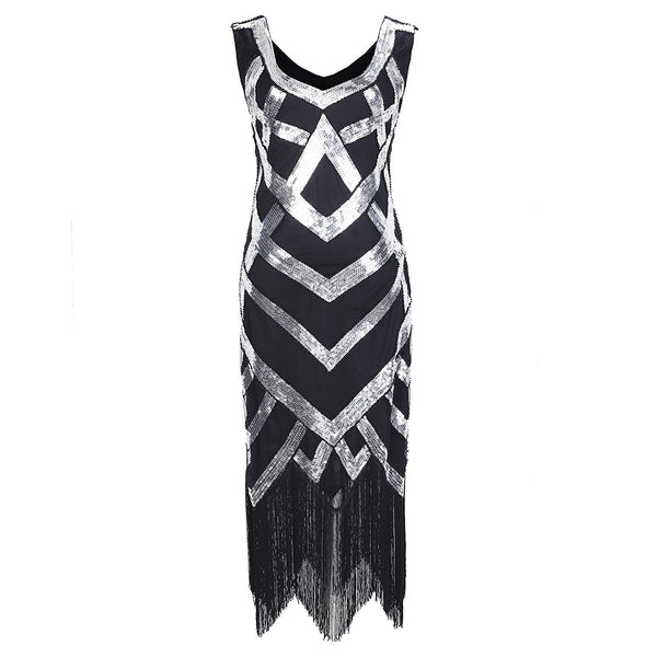 1920s Style Sequined Silver Fringe Flapper Dress