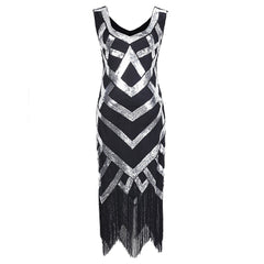 1920s Style Sequined Silver Fringe Flapper Dress
