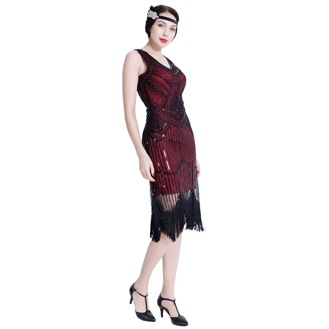 1920s Gatsby Themed Party Flapper Dresses Sequins Party Dress Wine Red