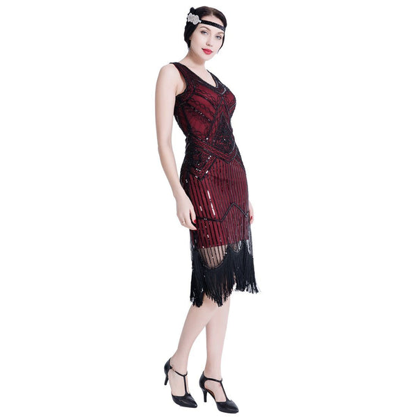 1920s Gatsby Themed Party Flapper Dresses Sequins Party Dress Wine Red