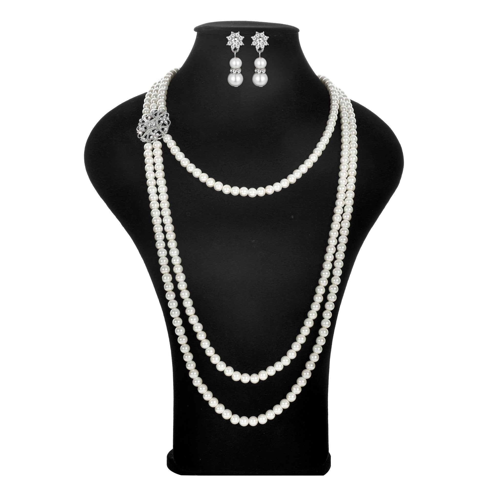 Women's 20s Multilayer Faux Pearls Flapper Long Necklace Earrings Set 