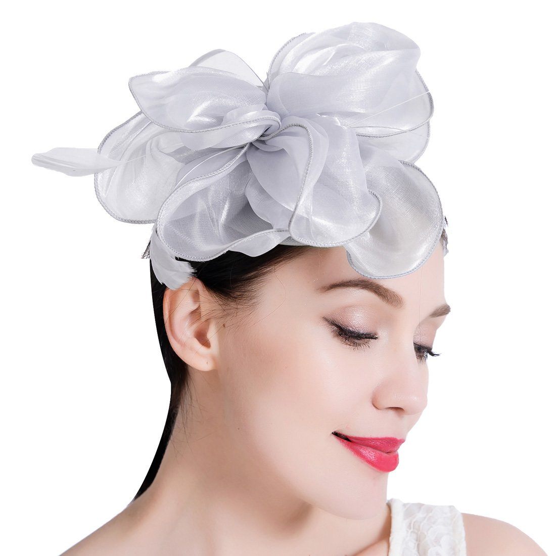 Wedding Silver Fascinator Hat Women Feather Flower Hair Band Church Tea Party Headdress