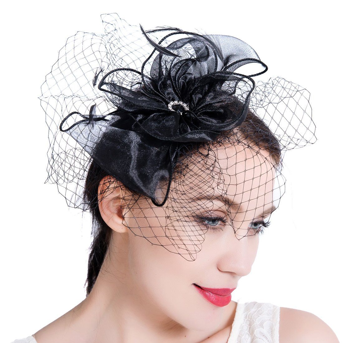 Women Pearl Fascinator Mesh Net Sinamay Hat Headband