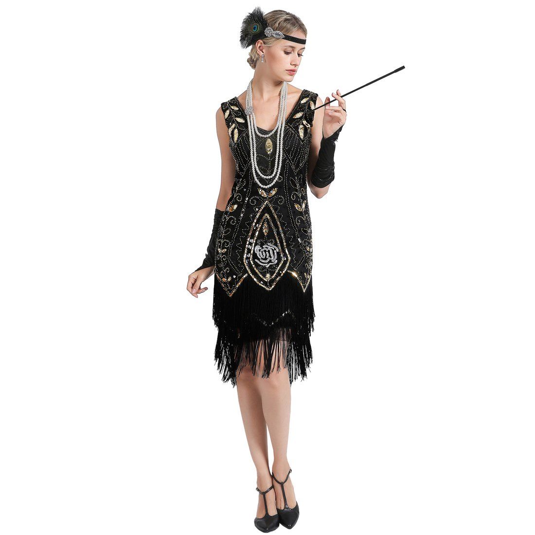 Black Gold 1920s Dress Rose Print Great Gatsby Outfits