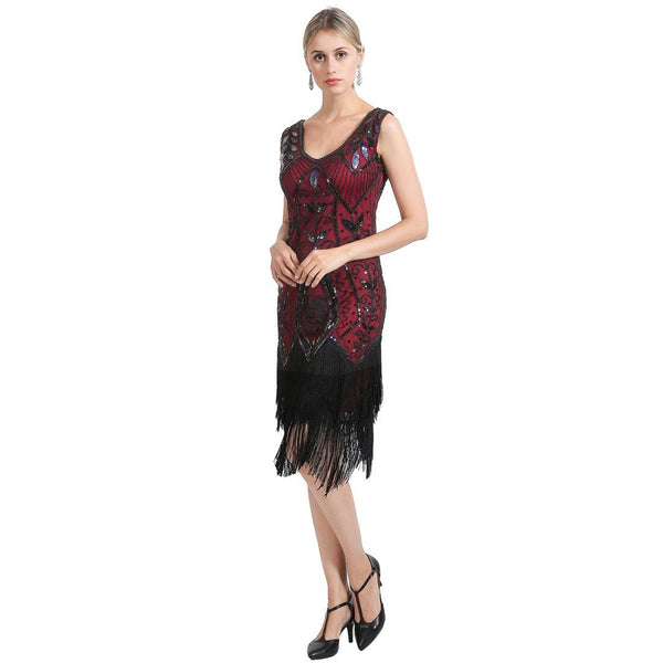 Red Flapper Dresses Rose Print 1920s Gatsby Style