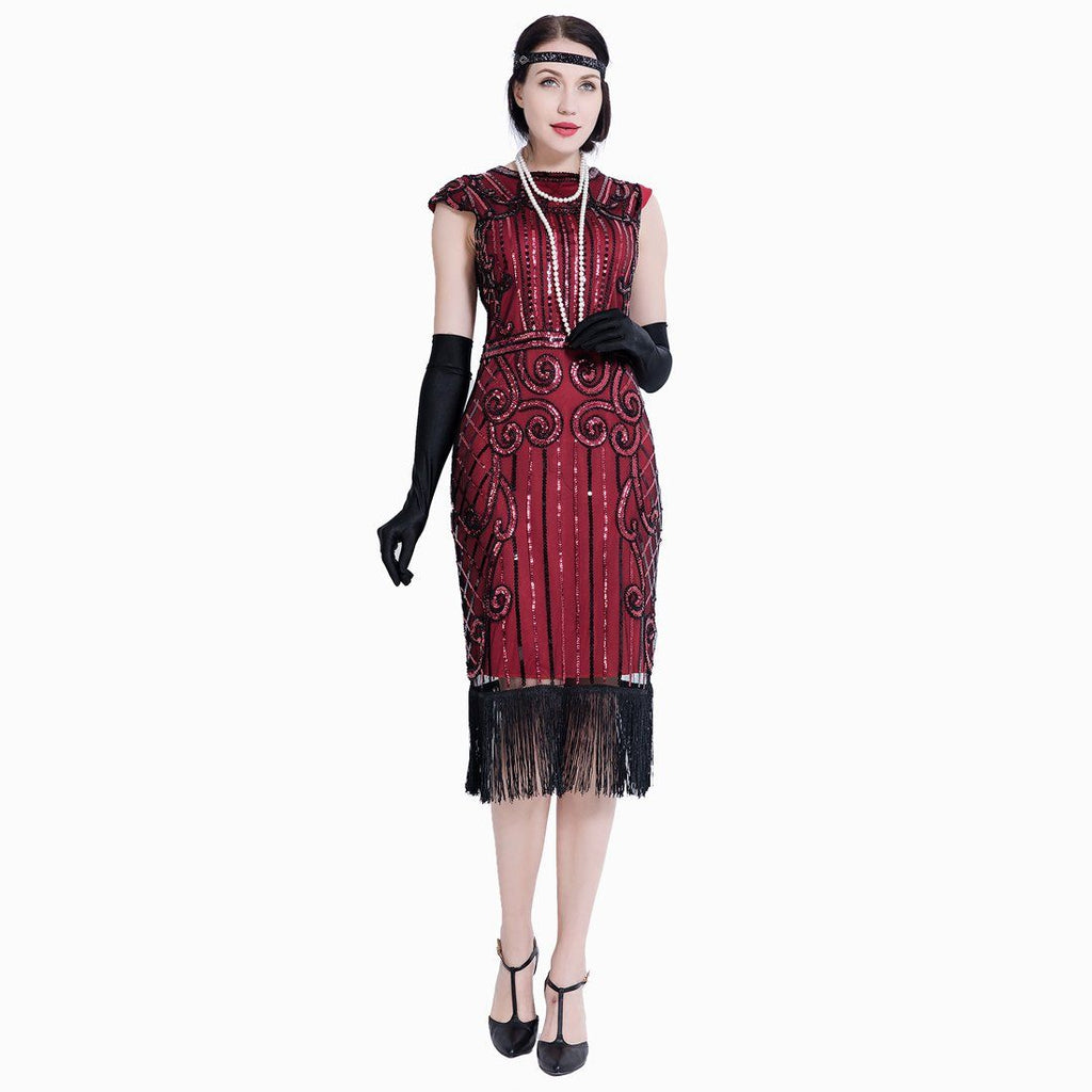 Women's 1920s Flapper Fringe Beaded Great Gatsby Party Dress with Costume  Set, Black, L price in UAE,  UAE