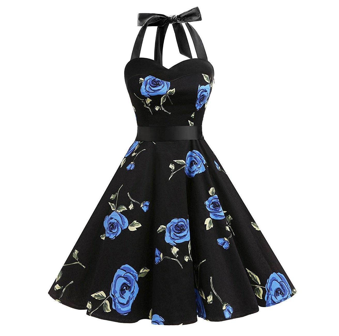 1950s Vintage Black Dress Halter Neck Floral Print A-Line Cocktail Swing Dresses