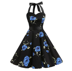 1950s Vintage Black Dress Halter Neck Floral Print A-Line Cocktail Swing Dresses