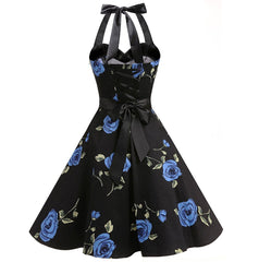 1950s Vintage Black Dress Halter Neck Floral Print A-Line Cocktail Swing Dresses